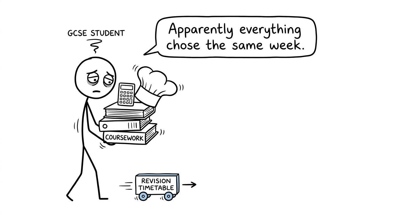 A student balancing coursework, cooking and maths revision