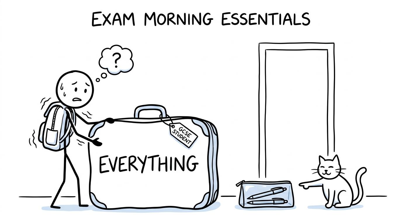 A student choosing a tiny clear pencil case instead of an enormous exam suitcase