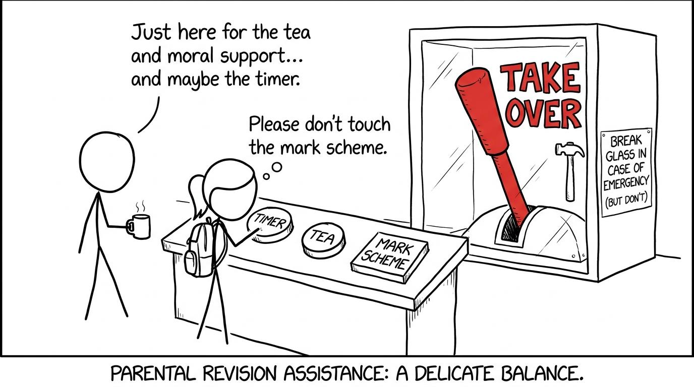 A parent and student use timer, tea and mark scheme controls while avoiding the take-over lever