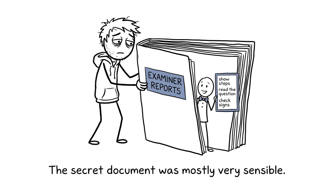A student discovers that the secret examiner document contains a sensible checklist