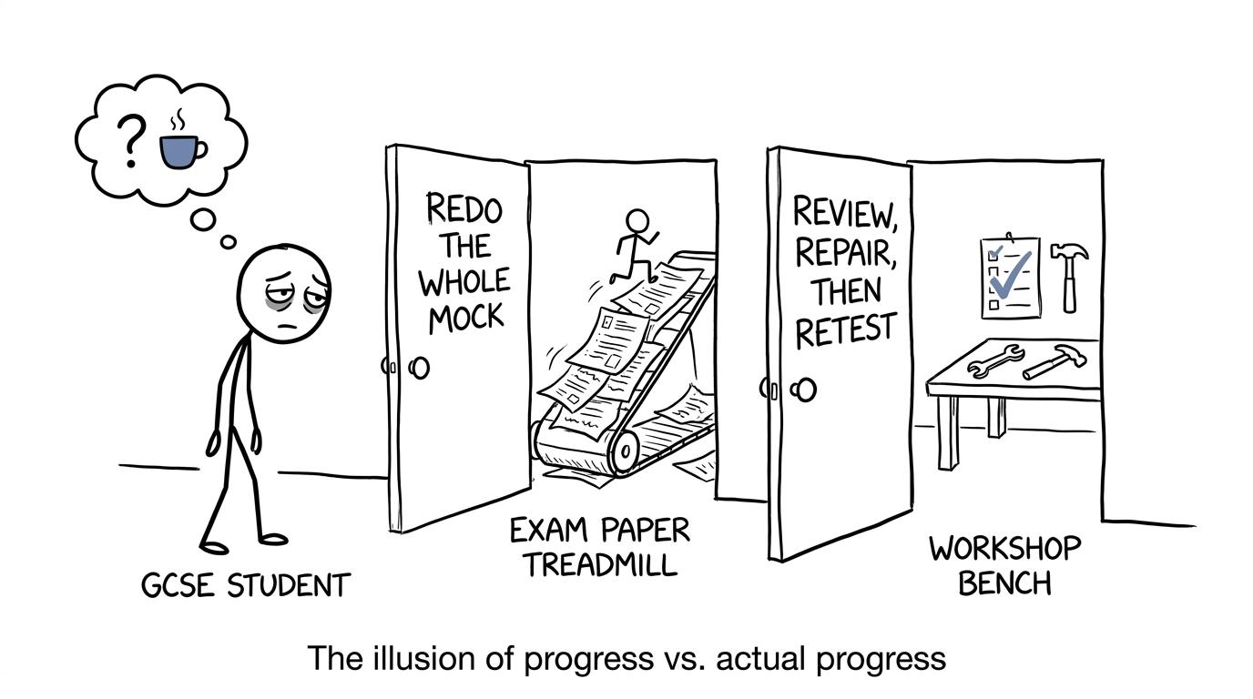 A student chooses between an exam-paper treadmill and a repair workshop