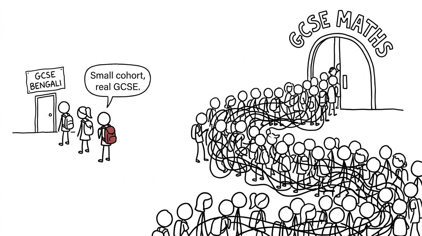 A tiny GCSE Bengali queue beside a much larger GCSE Maths queue