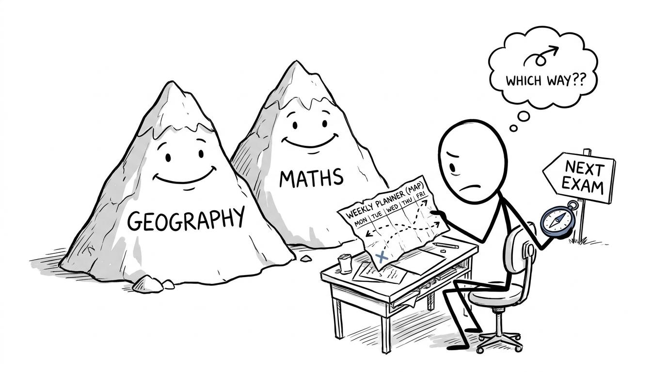 A GCSE student navigating the Geography and Maths mountains with a weekly planner