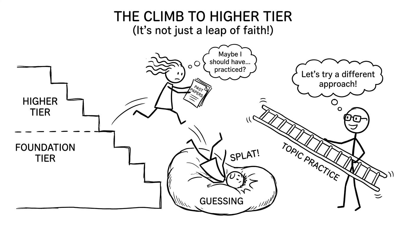 A staircase labelled Foundation and Higher with a ladder labelled topic practice