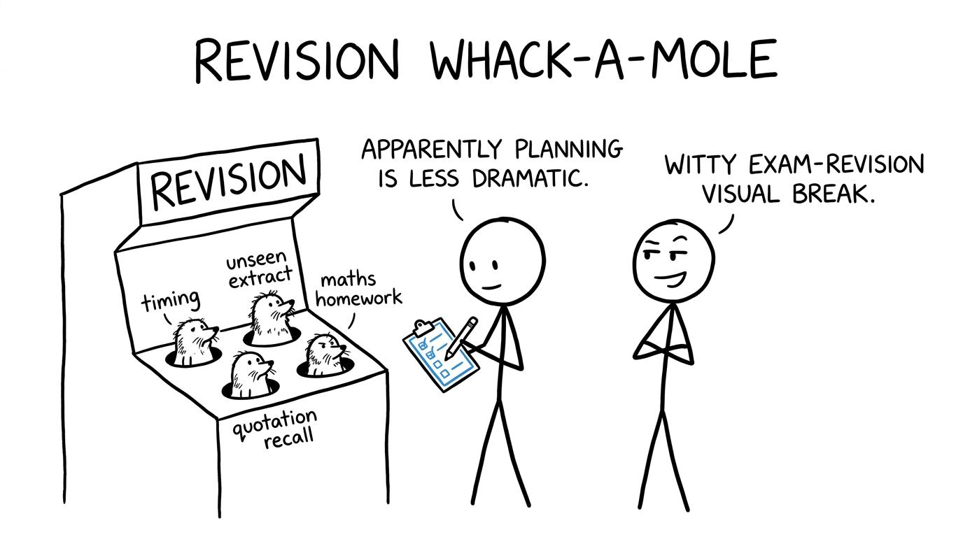 A student calmly tackles a chaotic revision arcade with a checklist