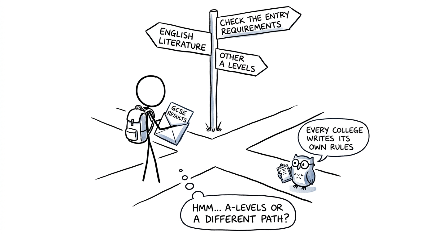 Student choosing between sixth-form options while an owl recommends checking entry requirements