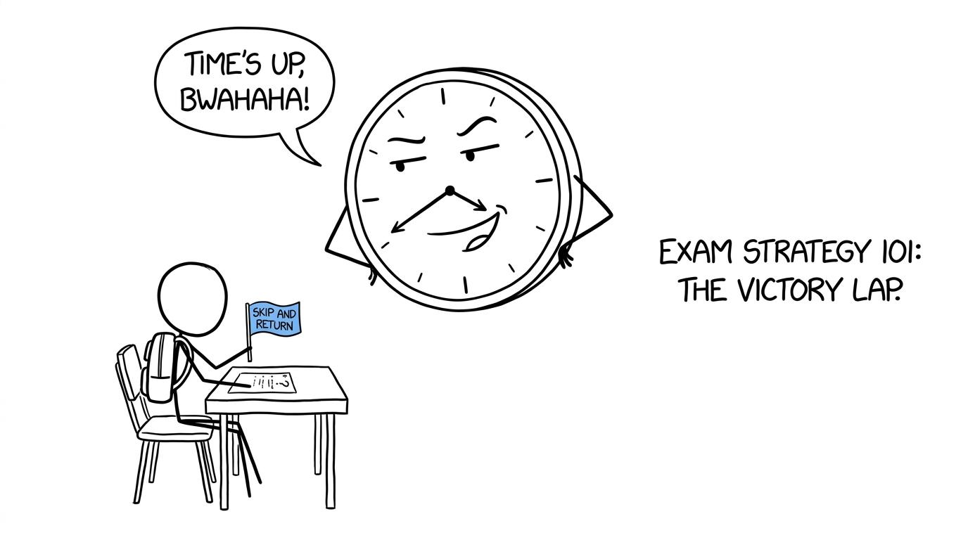 A student calmly using skip and return while racing an exam clock