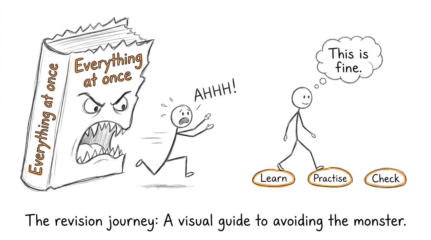 A textbook monster chasing unfocused revision while a calm student takes small steps