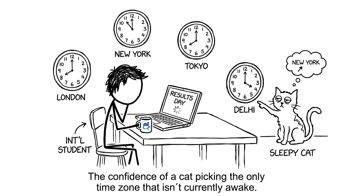 A sleepy international student checks several clocks while a cat chooses the wrong one