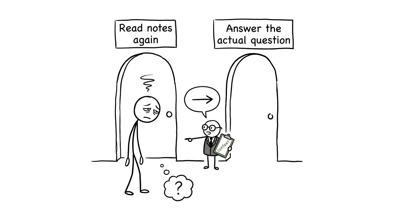 A student choosing between rereading notes and answering the actual question