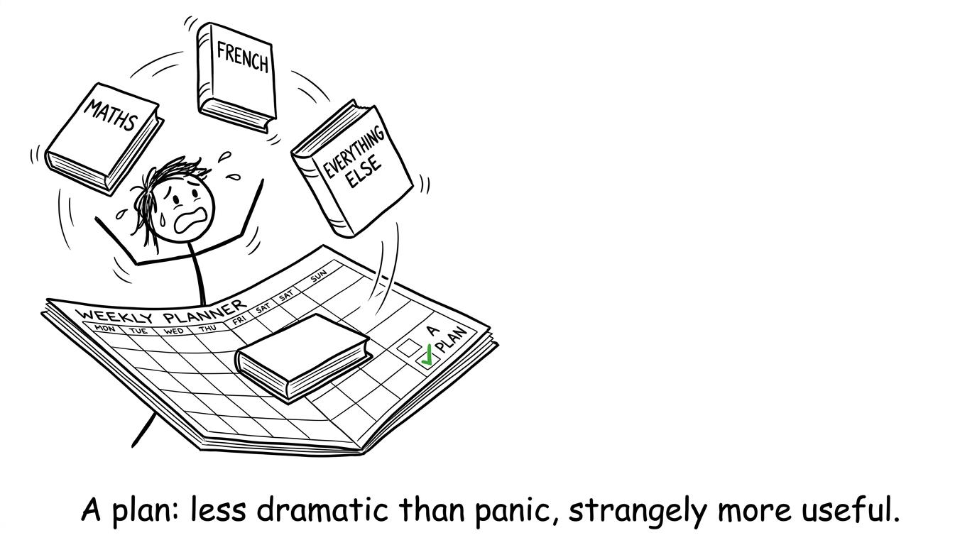 Student juggling several revision subjects above the safety net of a weekly planner