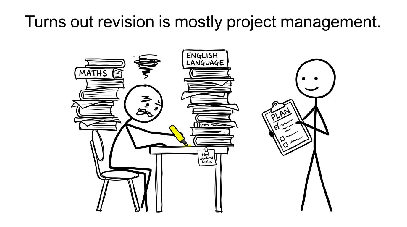 A student juggling revision piles
