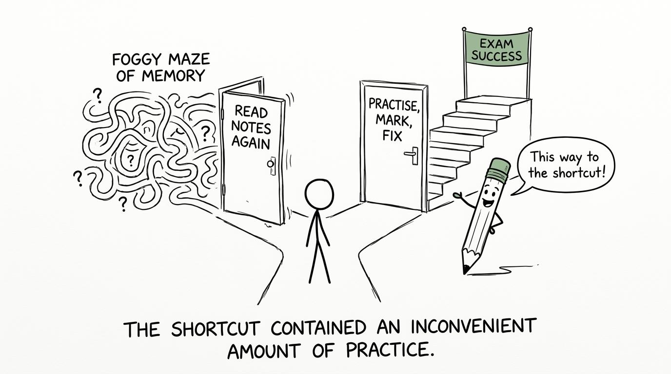 Two revision routes show why practice, marking and correction beat rereading