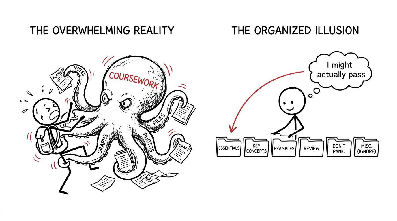 One student wrestles a coursework octopus while another uses organised folders