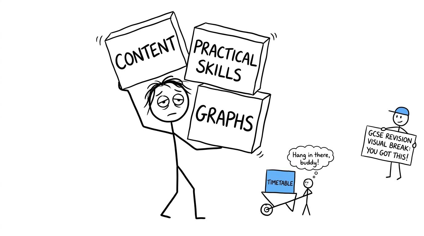 A student balances content, practical skills and graphs while a revision timetable waits nearby