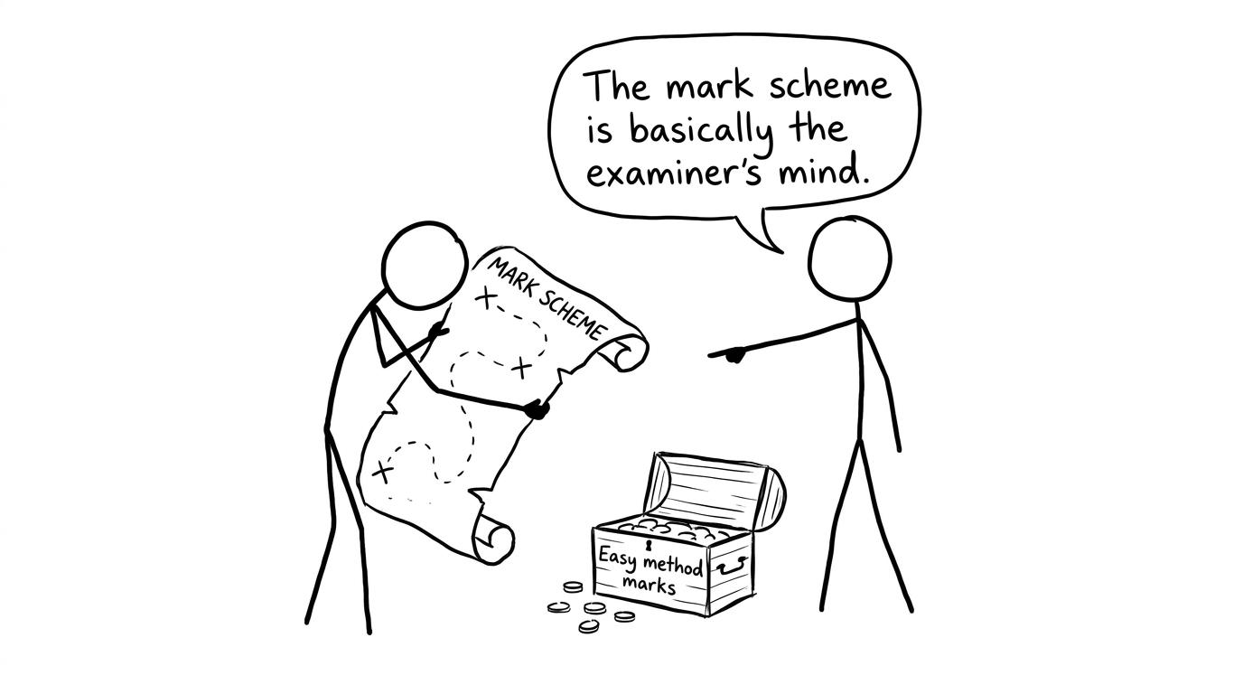 A stick figure treating the mark scheme like a treasure map