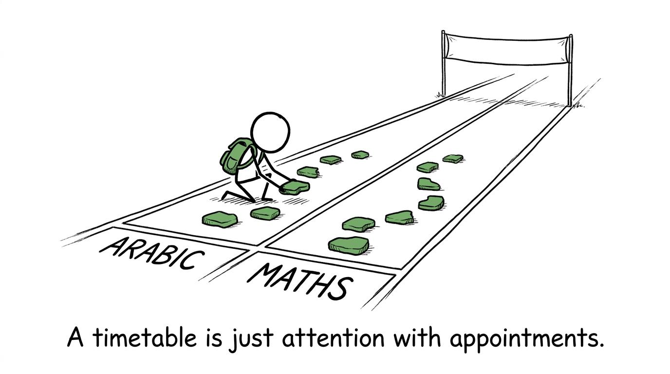 A student places steady revision steps in both Arabic and maths lanes