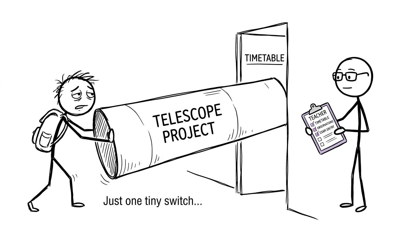 A student trying to push a telescope through a timetable doorway