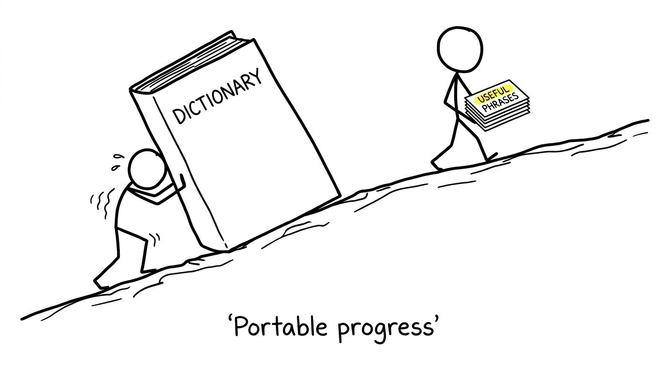 A student chooses portable useful phrases instead of carrying an enormous dictionary