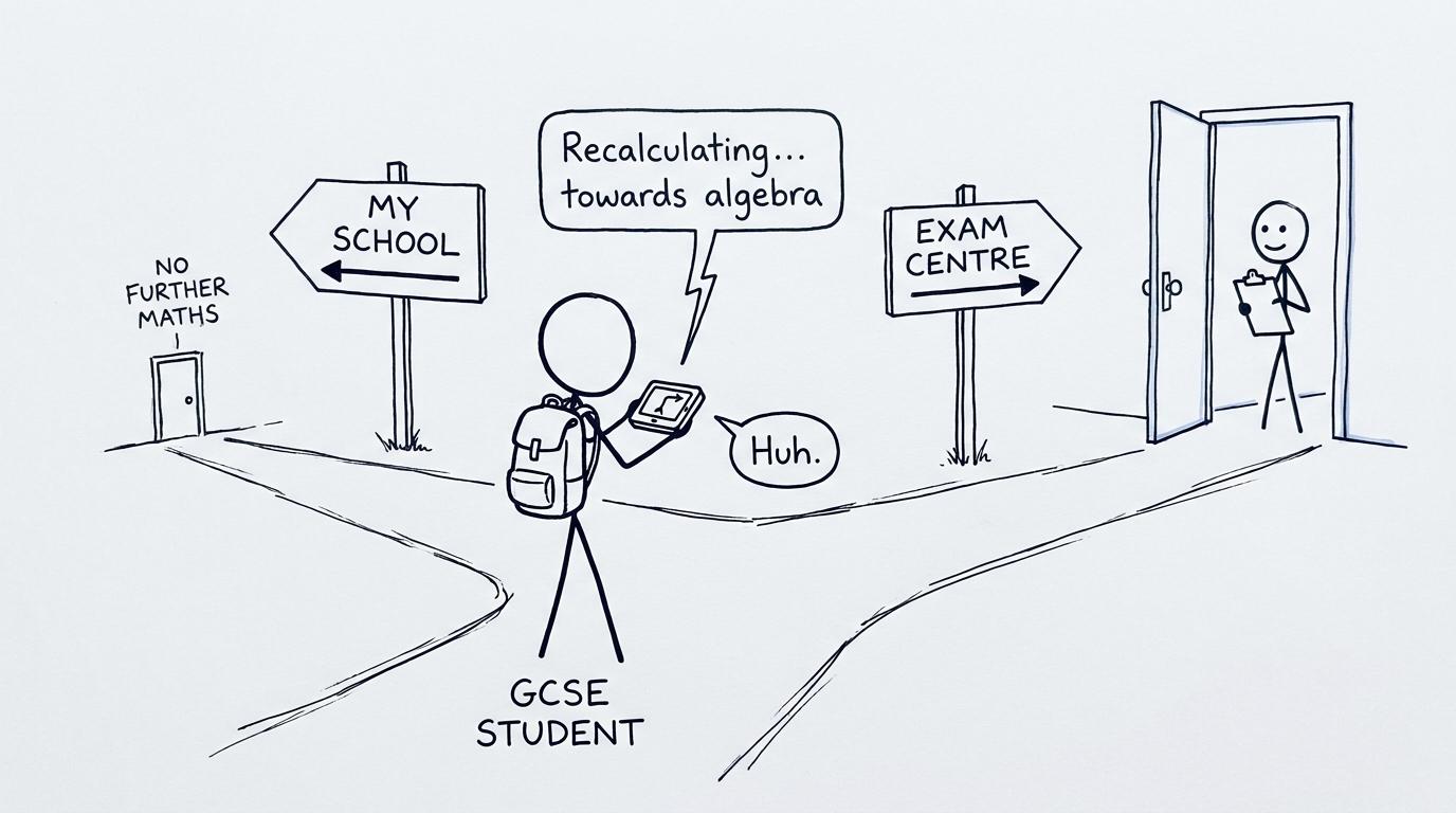 A student choosing a route from a school without Further Maths to an external exam centre