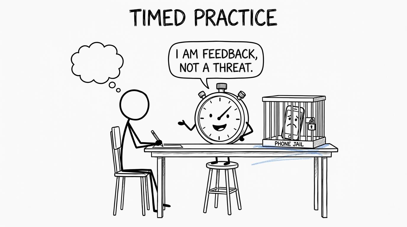 A friendly stopwatch explains that timing is feedback rather than a threat