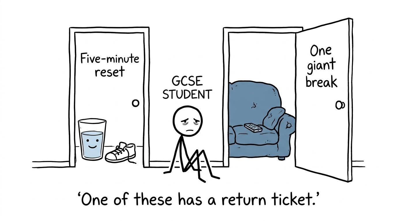 A student choosing between a short reset and a sofa monster