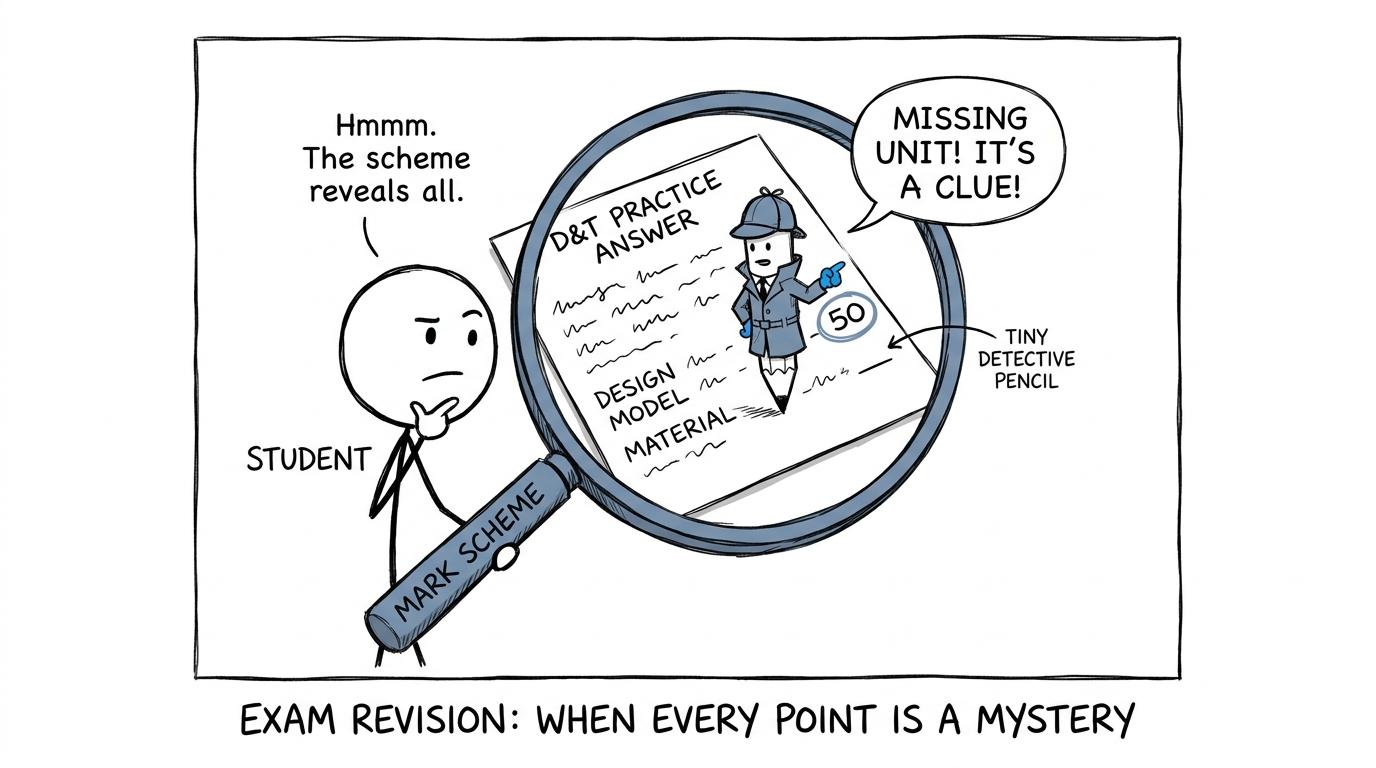 A student investigates a missing unit with a mark-scheme magnifying glass