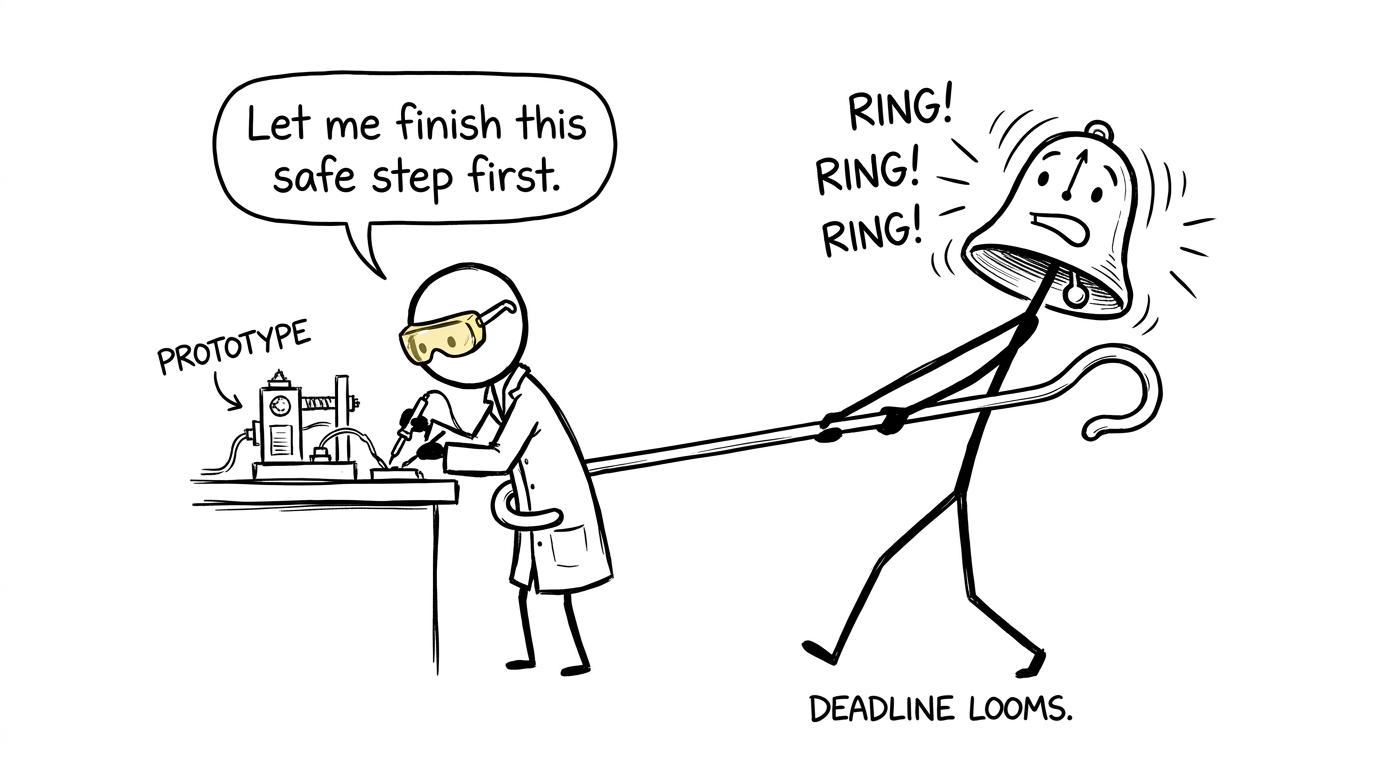 An enthusiastic timer learns that safe engineering steps cannot always stop instantly
