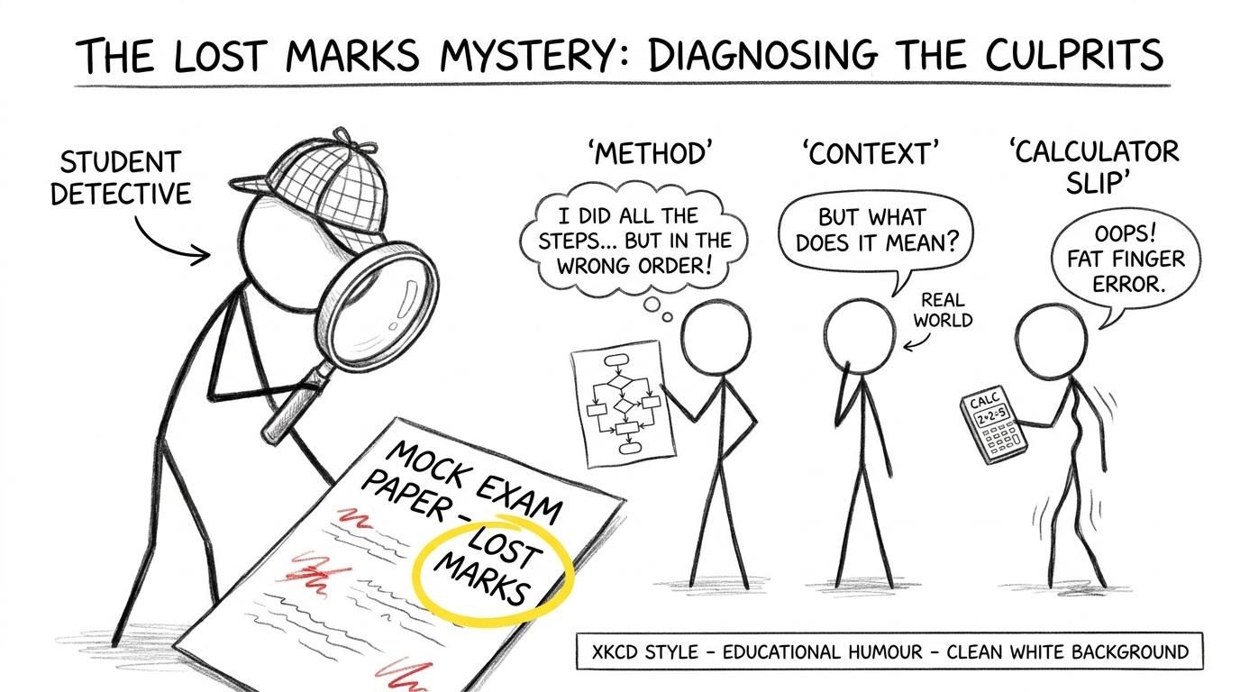 A student detective investigates Method, Context and Calculator Slip as suspects behind lost marks