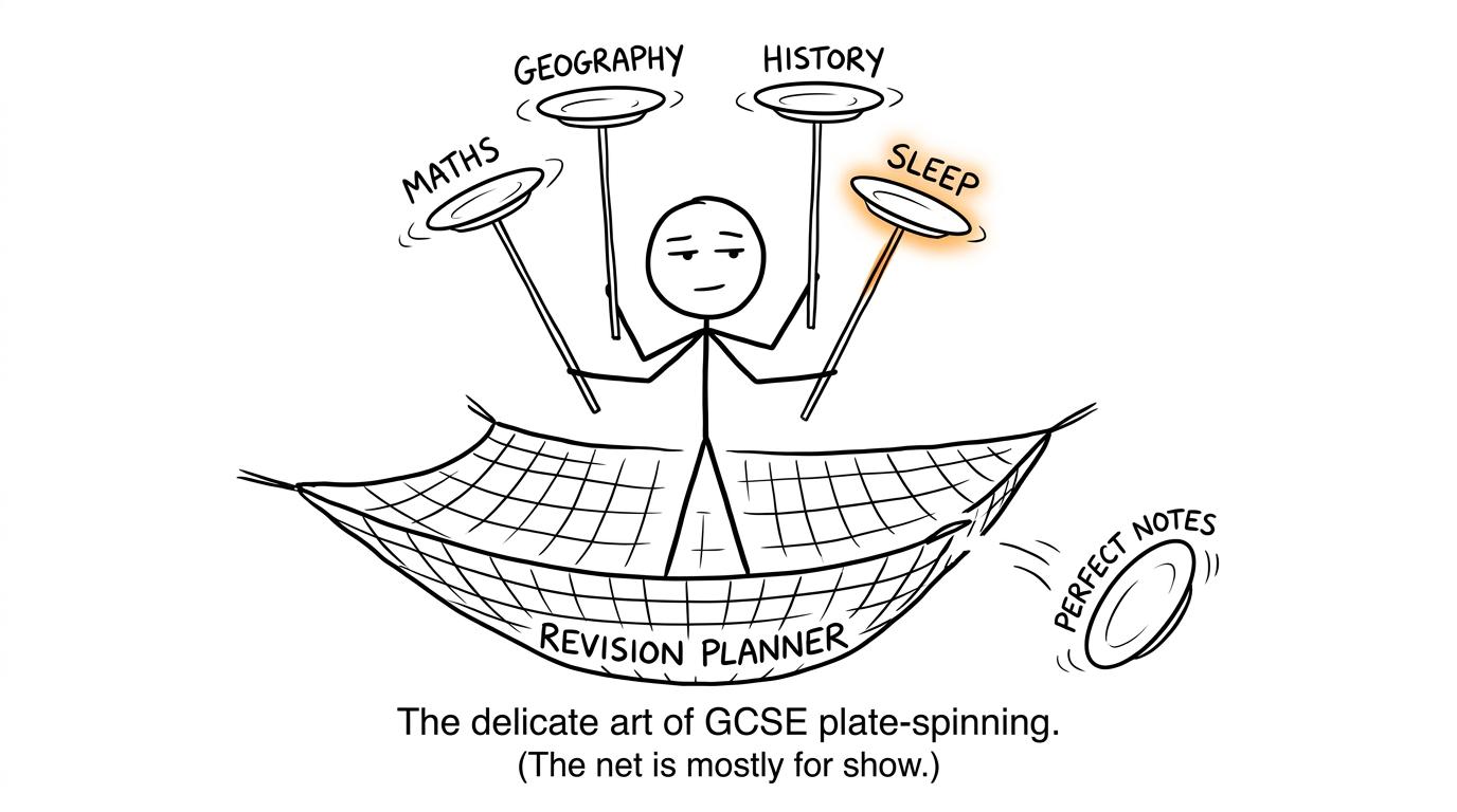 A student balancing subject plates above a revision planner