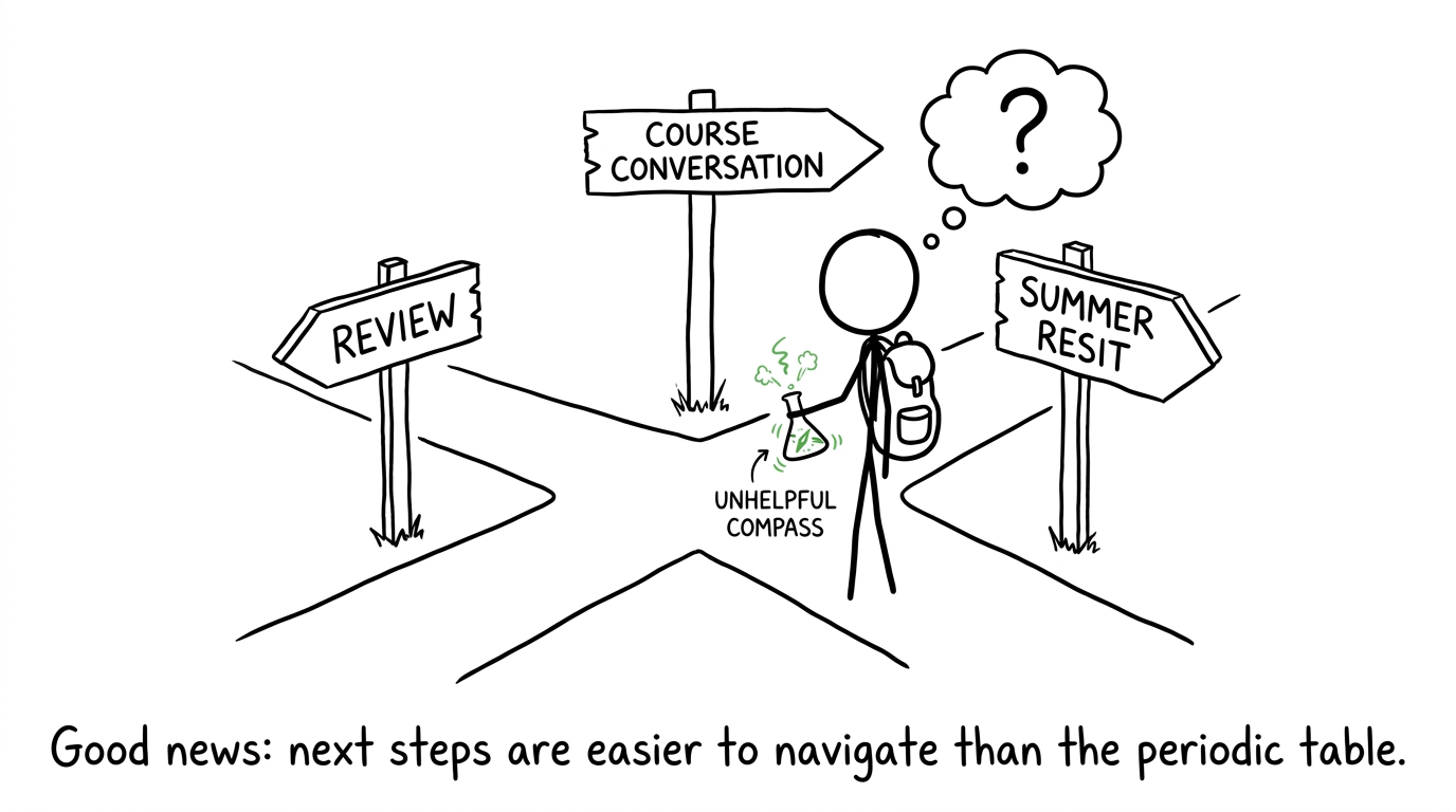 A student choosing between a review, course conversation and summer resit
