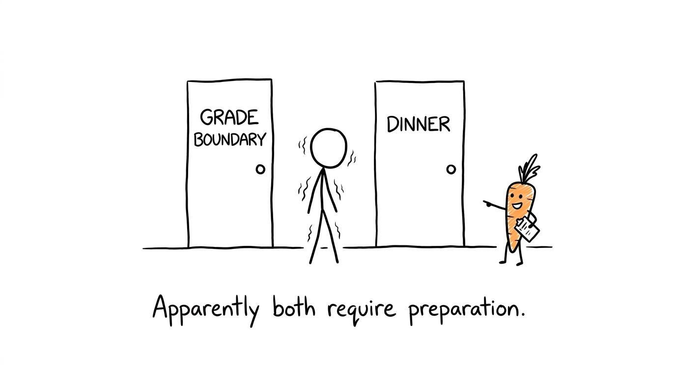A student choosing between a grade boundary and dinner while a carrot holds a clipboard