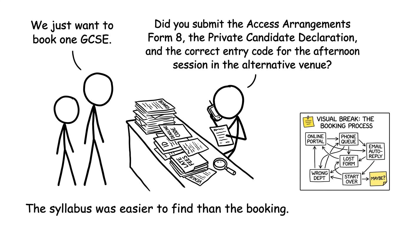 An exams officer, a determined student and a formidable pile of booking forms