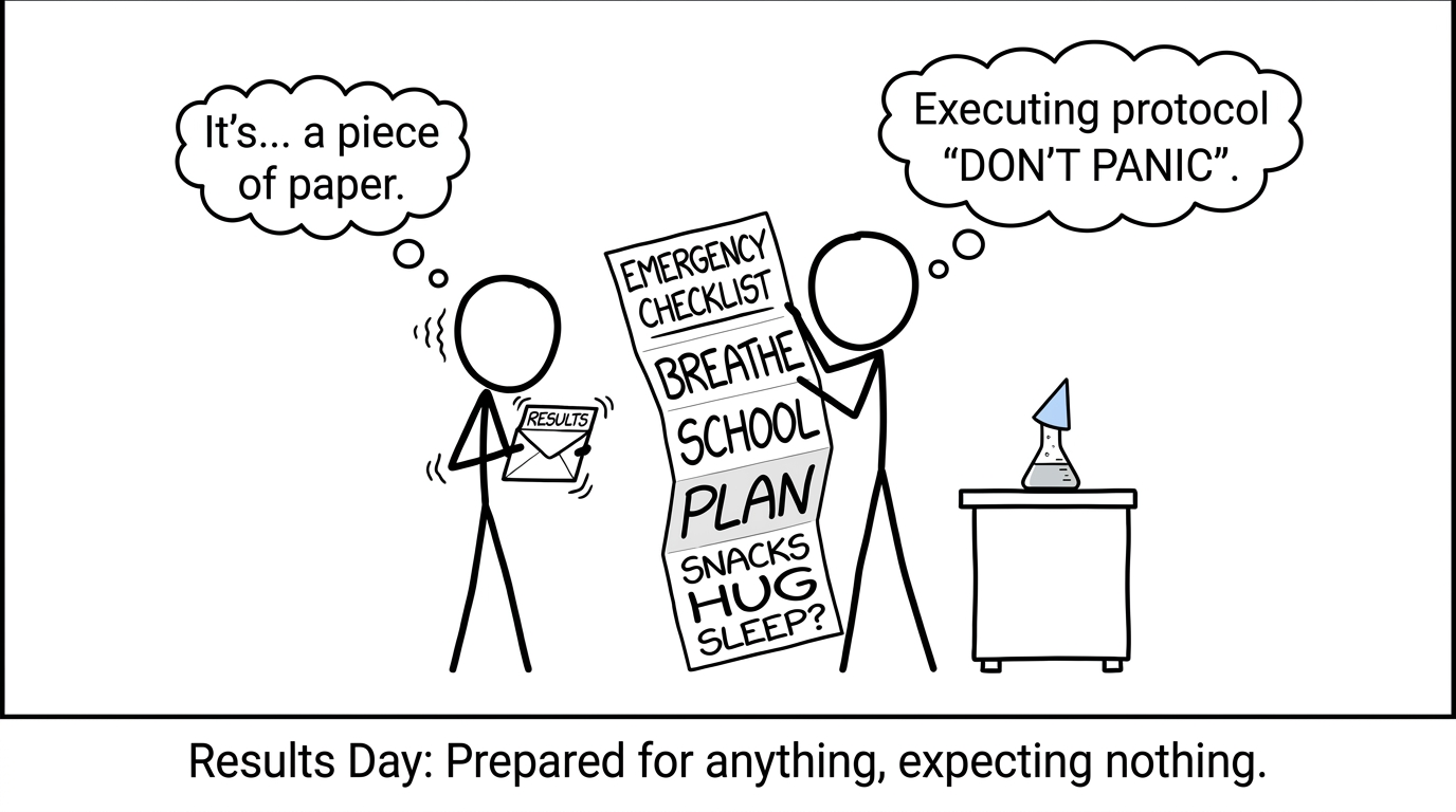 A nervous student opens a results envelope beside a reassuring checklist and a chemistry flask wearing a party hat