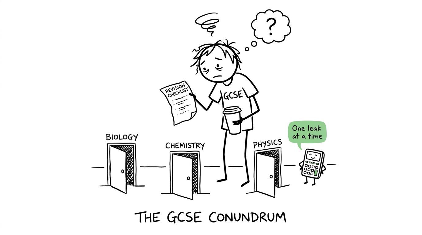 A student choosing between three science doors while a calculator recommends fixing one revision leak at a time