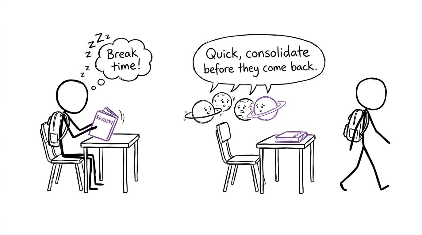 Cartoon planets quietly consolidate knowledge after a student closes the revision book
