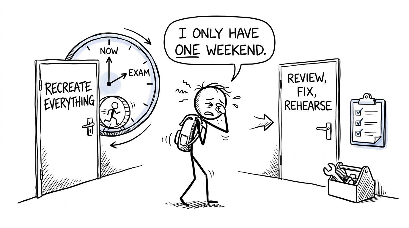 A student choosing between recreating everything and reviewing strategically