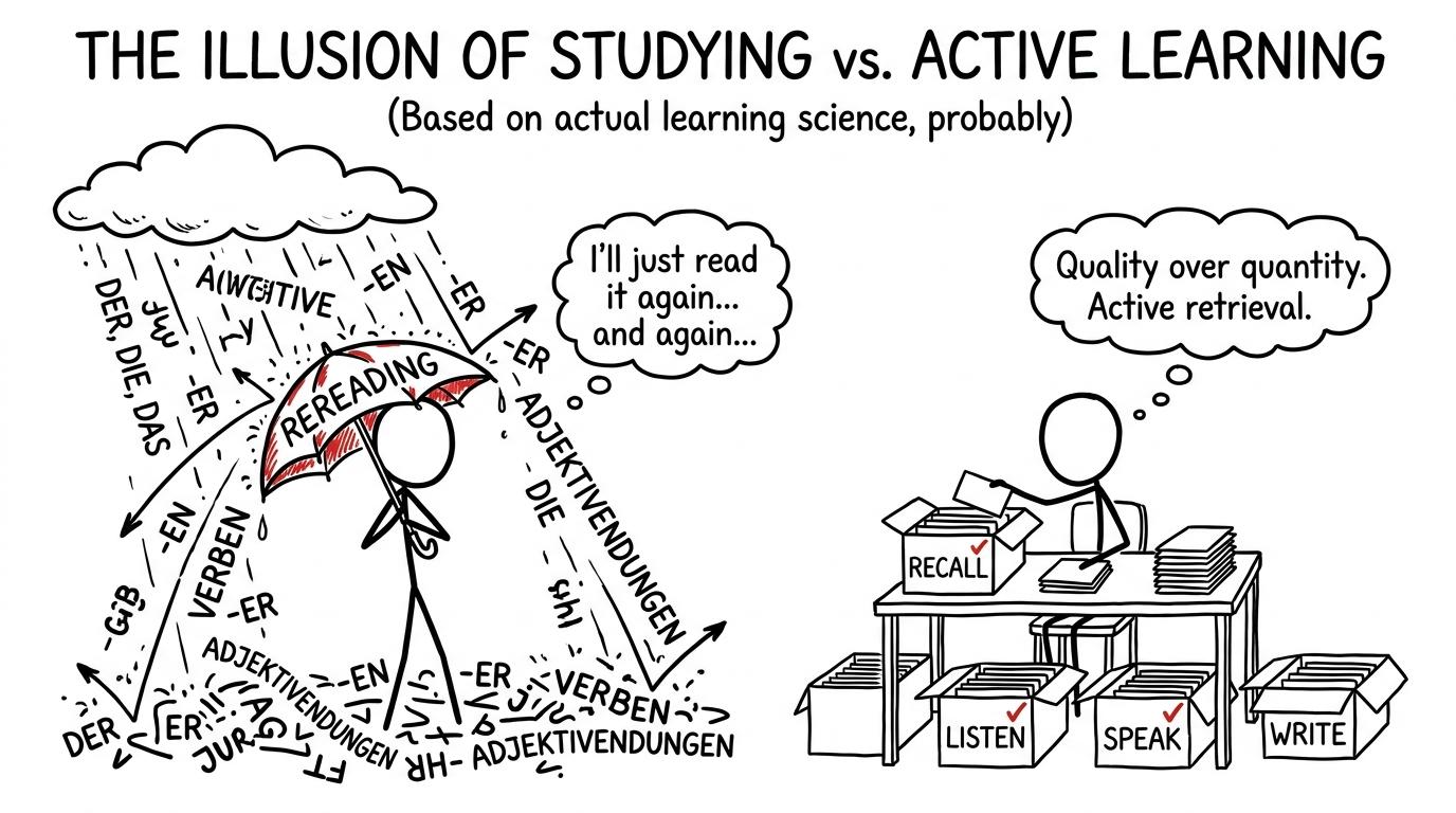 German vocabulary falls around one student while another sorts active practice into skills