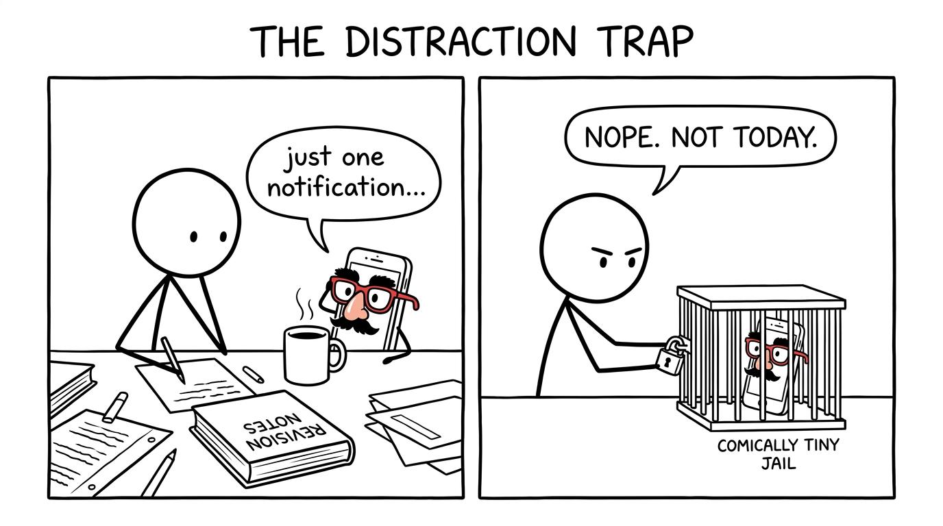 A revision student protects a quiet desk from a phone demanding just one notification
