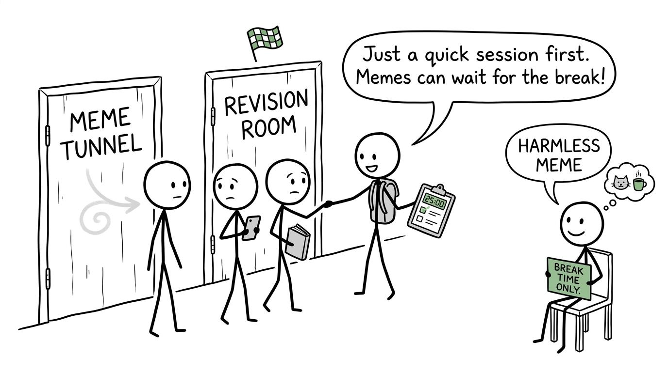 Students redirect their group chat from a meme tunnel into a revision room