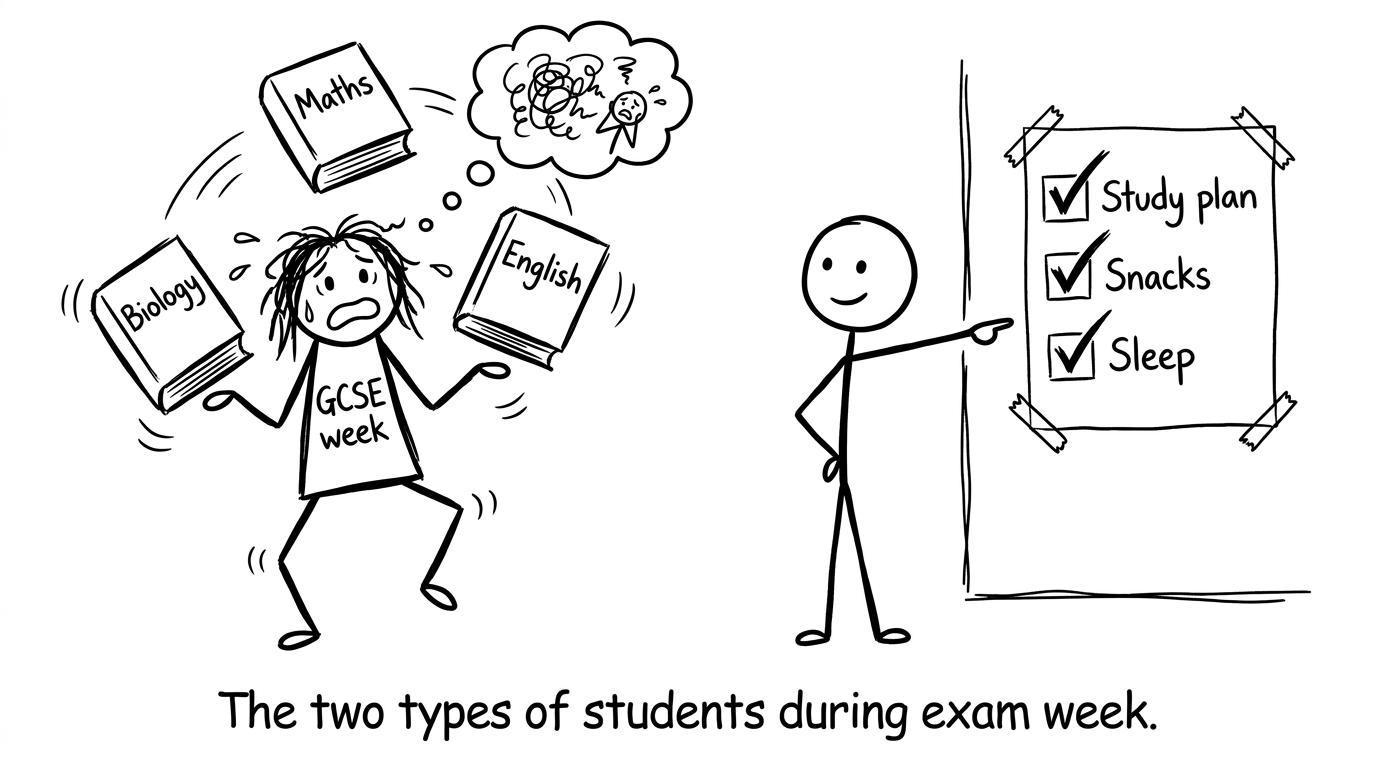 A student juggling exam week with a checklist