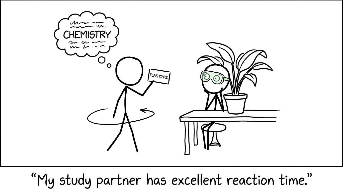 A student walking with Chemistry flashcards while a houseplant in safety goggles acts as a study partner
