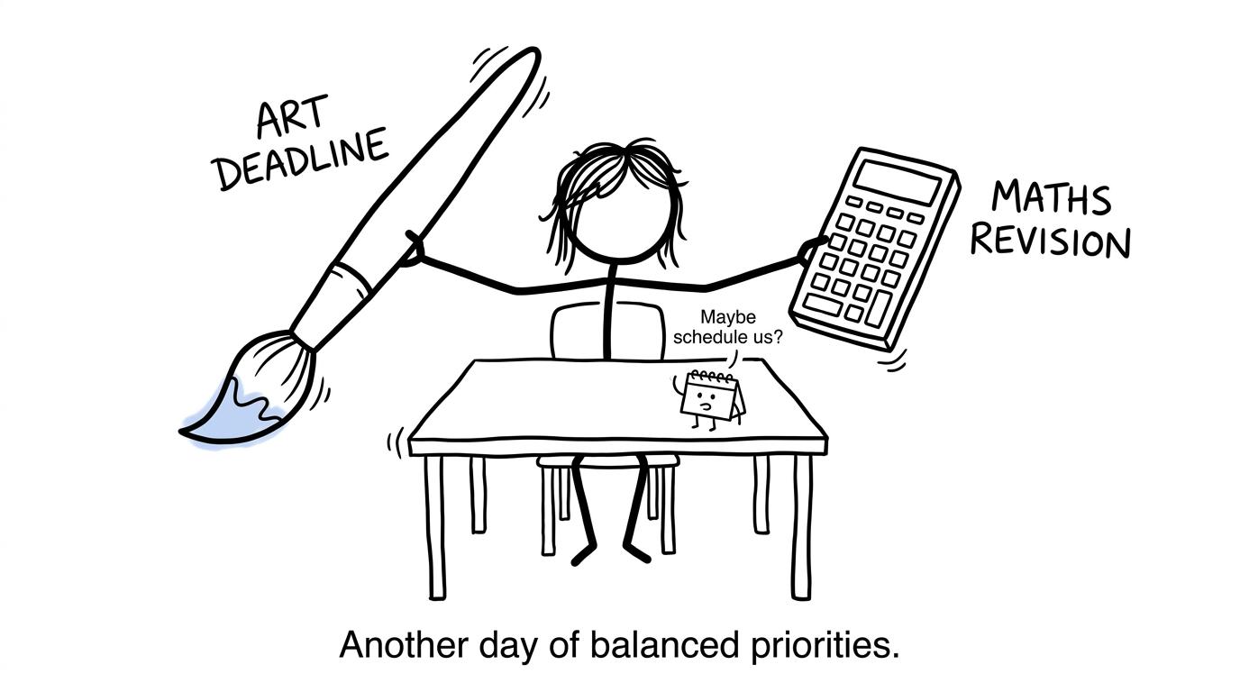 A student balancing an art deadline and maths revision while a calendar offers help