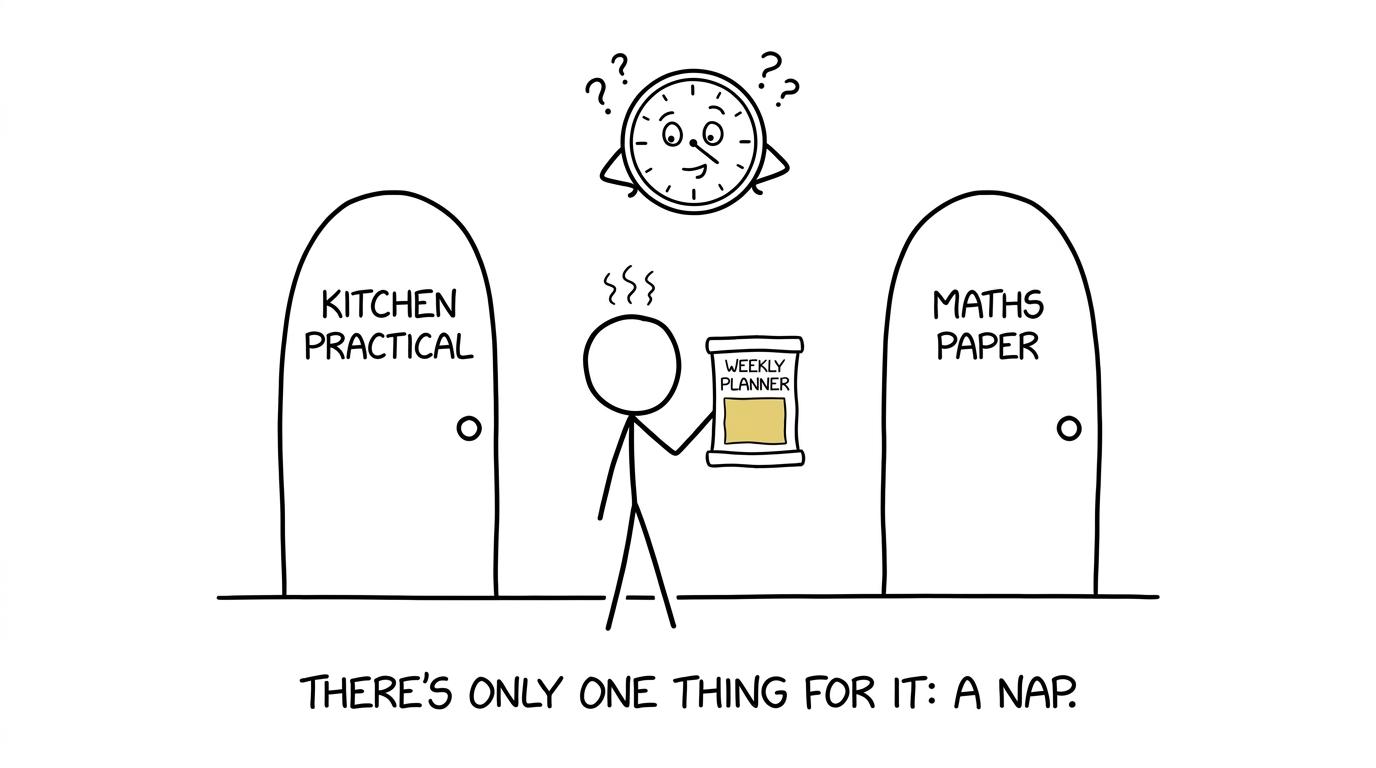A student negotiates between a kitchen practical and a maths paper