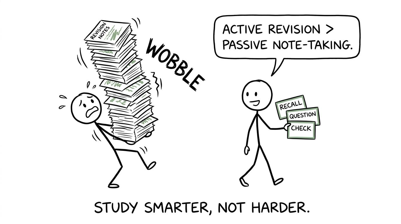 One student struggles with a tower of notes while another carries three active revision cards
