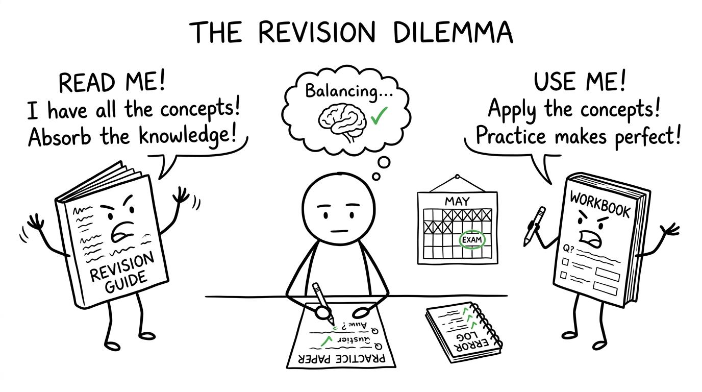 Two revision books debate while the student gets on with practice