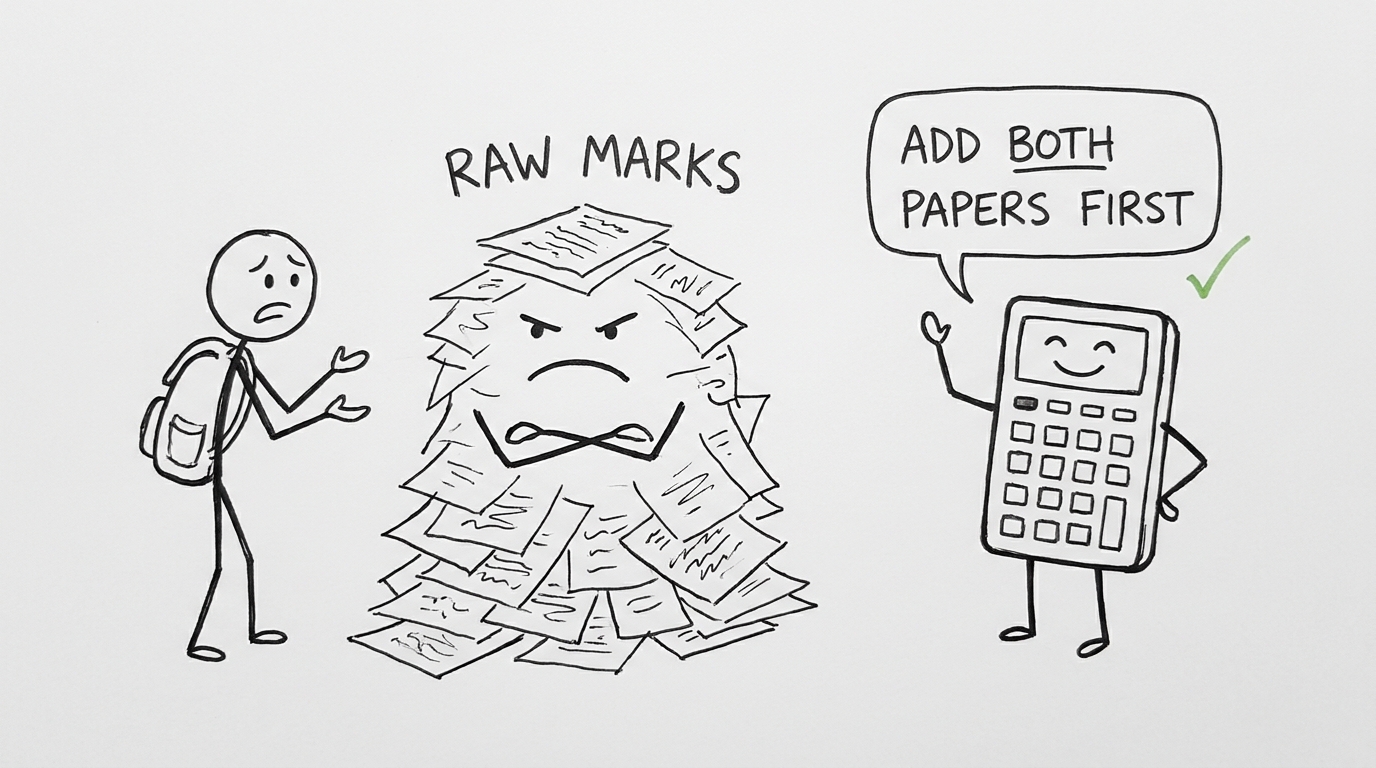 A student adding both Business paper marks before checking a grade