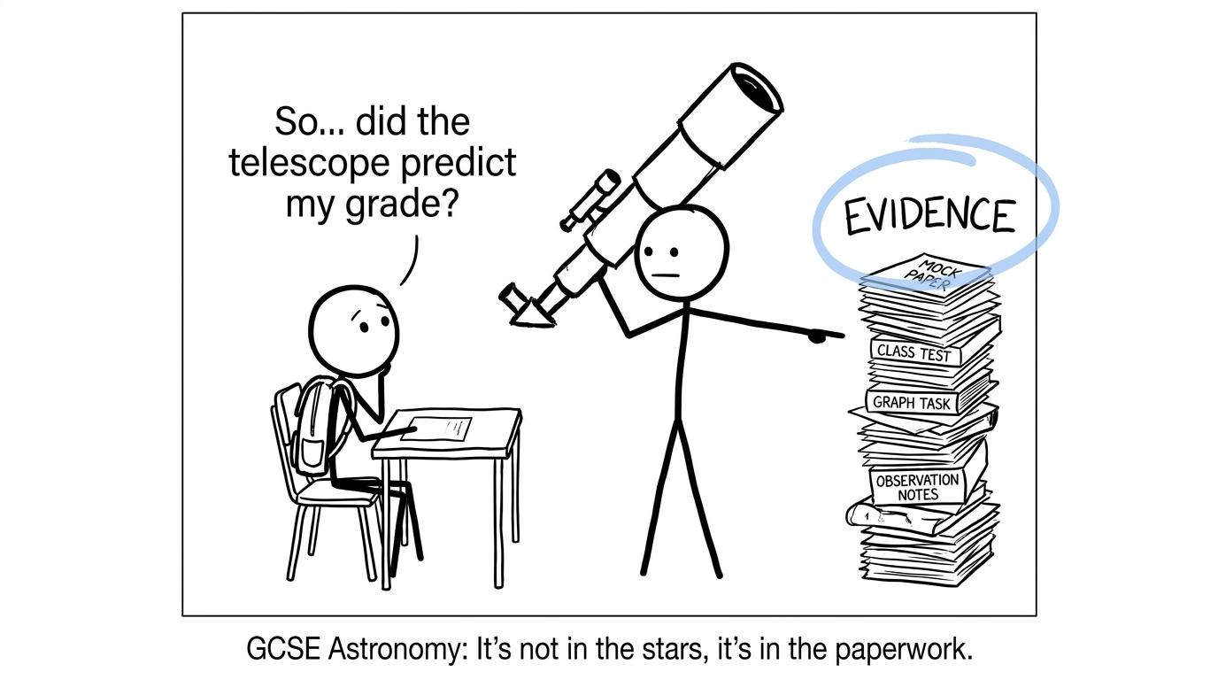 A student wondering whether a telescope predicted their grade while a teacher points to a stack of evidence