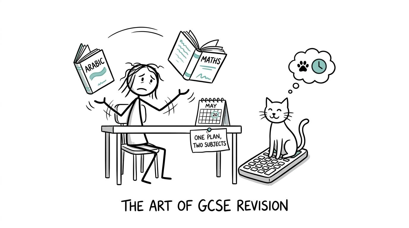A cat attempts to manage a student's Arabic and maths revision timetable