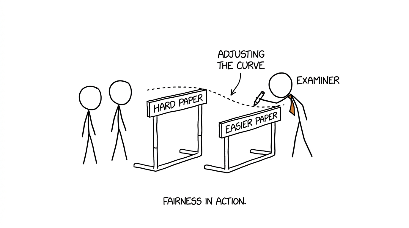 An examiner adjusting hurdles for papers of different difficulty